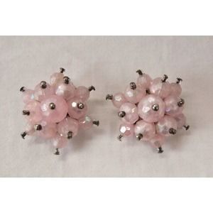 Vintage Austrian Pink Cluster Clip on Earrings Silver tone Backs Aurora Borealis